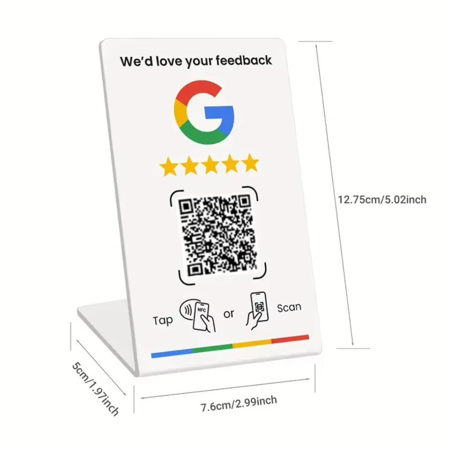 Medidas del cartel NFC QR reseñas Google: 7,6 cm x 12,75 cm x 5 cm de base
