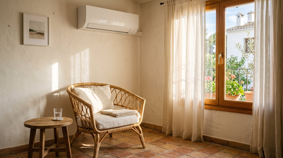 Rincón con sillón de ratán y aire acondicionado en la pared, para el artículo sobre bloquear el mando del aire acondicionado