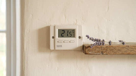 Termostato digital de aire acondicionado en la pared con luz natural, para el artículo sobre cómo programar un mando universal de aire acondicionado