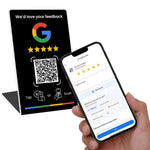 Soporte NFC y código QR reseñas Google color negro para alquiler vacacional y Airbnb